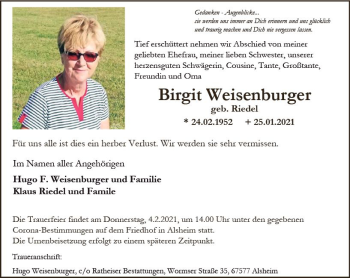 Traueranzeige von Birgit Weisenburger von vrm-trauer