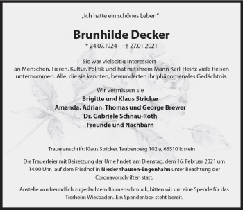 Traueranzeige von Brunhilde Decker von vrm-trauer