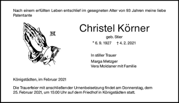 Traueranzeige von Christel Körner von vrm-trauer