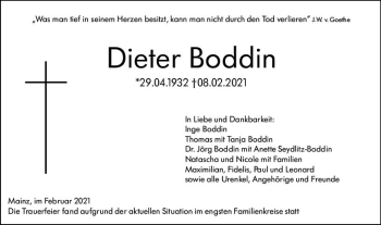 Traueranzeige von Dieter Boddin von vrm-trauer