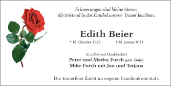 Traueranzeige von Edith Beier von vrm-trauer