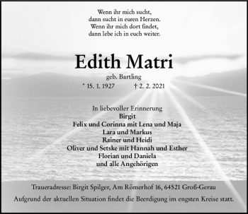 Traueranzeige von Edith Matri von vrm-trauer