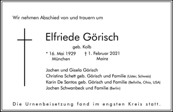 Traueranzeige von Elfriede Görisch von vrm-trauer