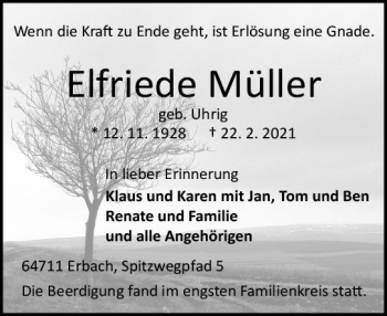 Traueranzeige von Elfriede Müller von vrm-trauer
