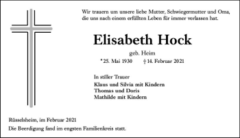 Traueranzeige von Elisabeth Hock von vrm-trauer