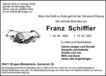 Traueranzeige von Franz Schiffler von vrm-trauer