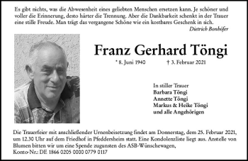 Traueranzeige von Franz Gerhard Töngi von vrm-trauer