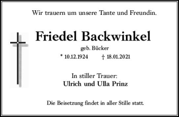 Traueranzeige von Friedel Backwinkel von vrm-trauer