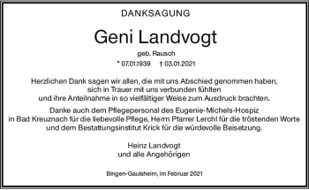 Traueranzeige von Geni Landvogt von vrm-trauer