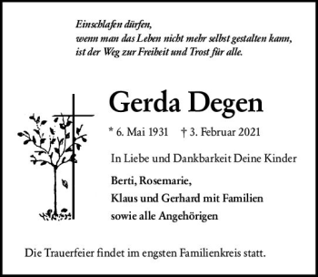 Traueranzeige von Gerda Degen von vrm-trauer