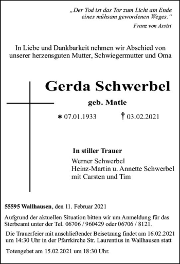 Traueranzeige von Gerda Schwerbel von vrm-trauer