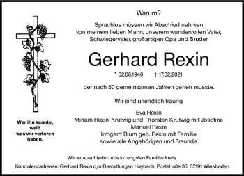 Traueranzeige von Gerhard Rexin von vrm-trauer