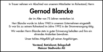 Traueranzeige von Gernod Blancke von vrm-trauer