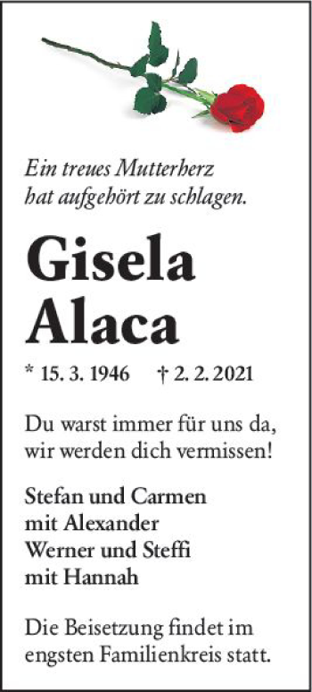 Traueranzeige von Gisela Alaca von vrm-trauer