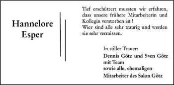 Traueranzeige von Hannelore Esper von vrm-trauer