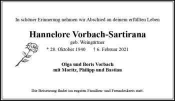 Traueranzeige von Hannelore Vorbach-Sartirana von vrm-trauer