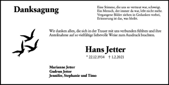 Traueranzeige von Hans Jetter von vrm-trauer