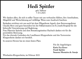 Traueranzeige von Hedi Spittler von vrm-trauer
