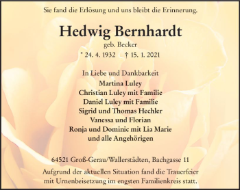 Traueranzeige von Hedwig Bernhardt von vrm-trauer