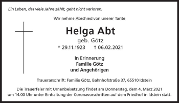 Traueranzeige von Helga Abt von vrm-trauer