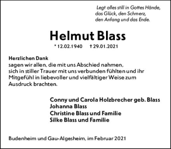Traueranzeige von Helmut Blass von vrm-trauer
