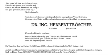 Traueranzeige von Herbert Tröscher von vrm-trauer