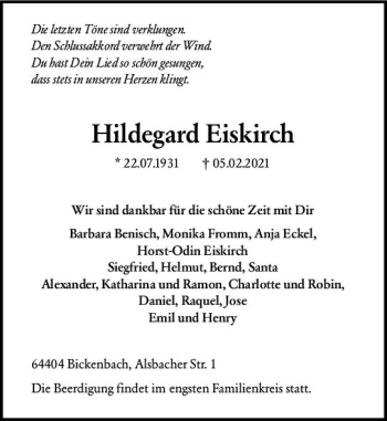 Traueranzeige von Hildegard Eiskirch von vrm-trauer