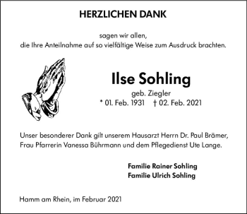 Traueranzeige von Ilse Sohling von vrm-trauer