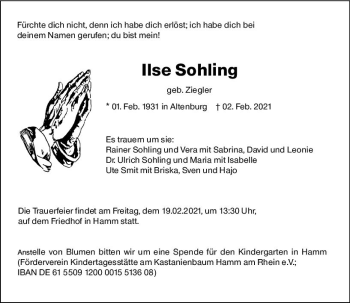 Traueranzeige von Ilse Sohling von vrm-trauer