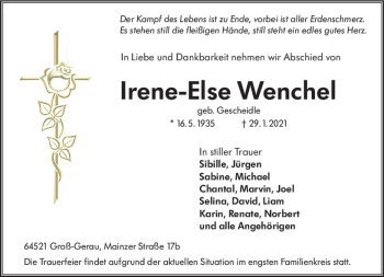 Traueranzeige von Irene-Else Wenchel von vrm-trauer