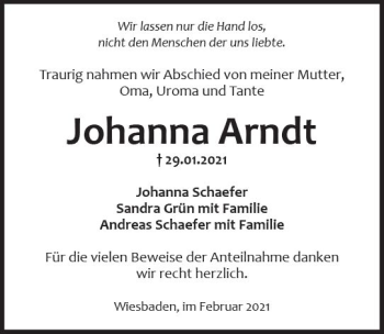 Traueranzeige von Johanna Arndt von vrm-trauer