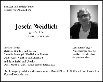 Traueranzeige von Josefa Weidlich von vrm-trauer