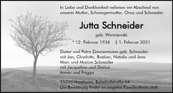 Traueranzeige von Jutta Schneider von vrm-trauer