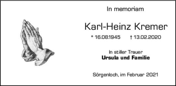 Traueranzeige von Karl-Heinz Kremer von vrm-trauer
