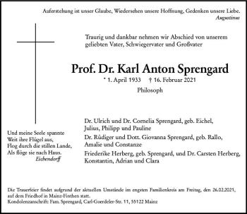 Traueranzeige von Karl Anton Sprengard von vrm-trauer