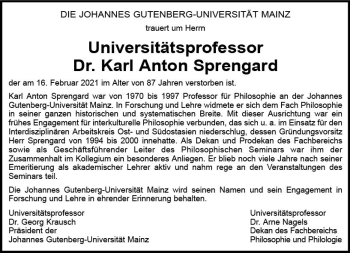 Traueranzeige von Karl Anton Sprengard von vrm-trauer