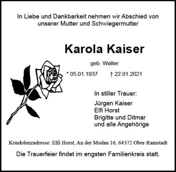 Traueranzeige von Karola Kaiser von vrm-trauer
