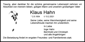 Traueranzeige von Klaus Hahn von vrm-trauer