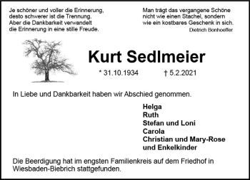 Traueranzeige von Kurt Sedlmeier von vrm-trauer