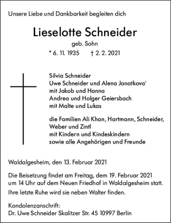 Traueranzeige von Lieselotte Schneider von vrm-trauer
