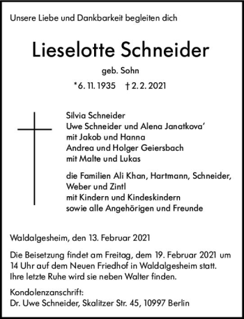 Traueranzeige von Lieselotte Schneider von vrm-trauer