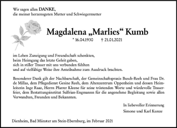 Traueranzeige von Magdalena Kumb von vrm-trauer