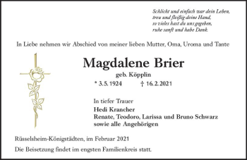 Traueranzeige von Magdalene Brier von vrm-trauer