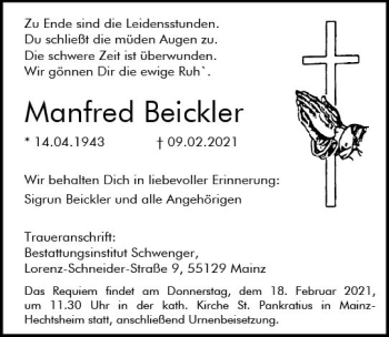 Traueranzeige von Manfred Beickler von vrm-trauer