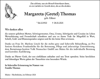 Traueranzeige von Margareta Thomas von vrm-trauer