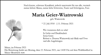 Traueranzeige von Maria Geier-Wiatrowski von vrm-trauer