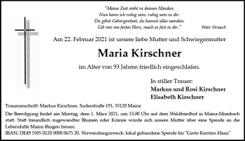 Traueranzeige von Maria Kirschner von vrm-trauer