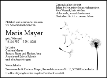 Traueranzeige von Maria Mayer von vrm-trauer