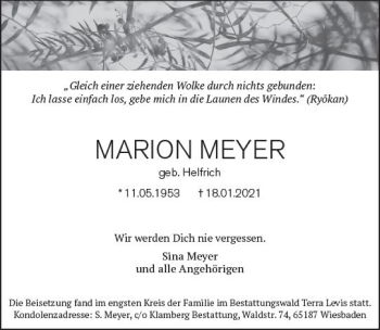 Traueranzeige von Marion Meyer von vrm-trauer