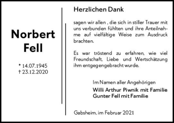 Traueranzeige von Norbert Fell von vrm-trauer